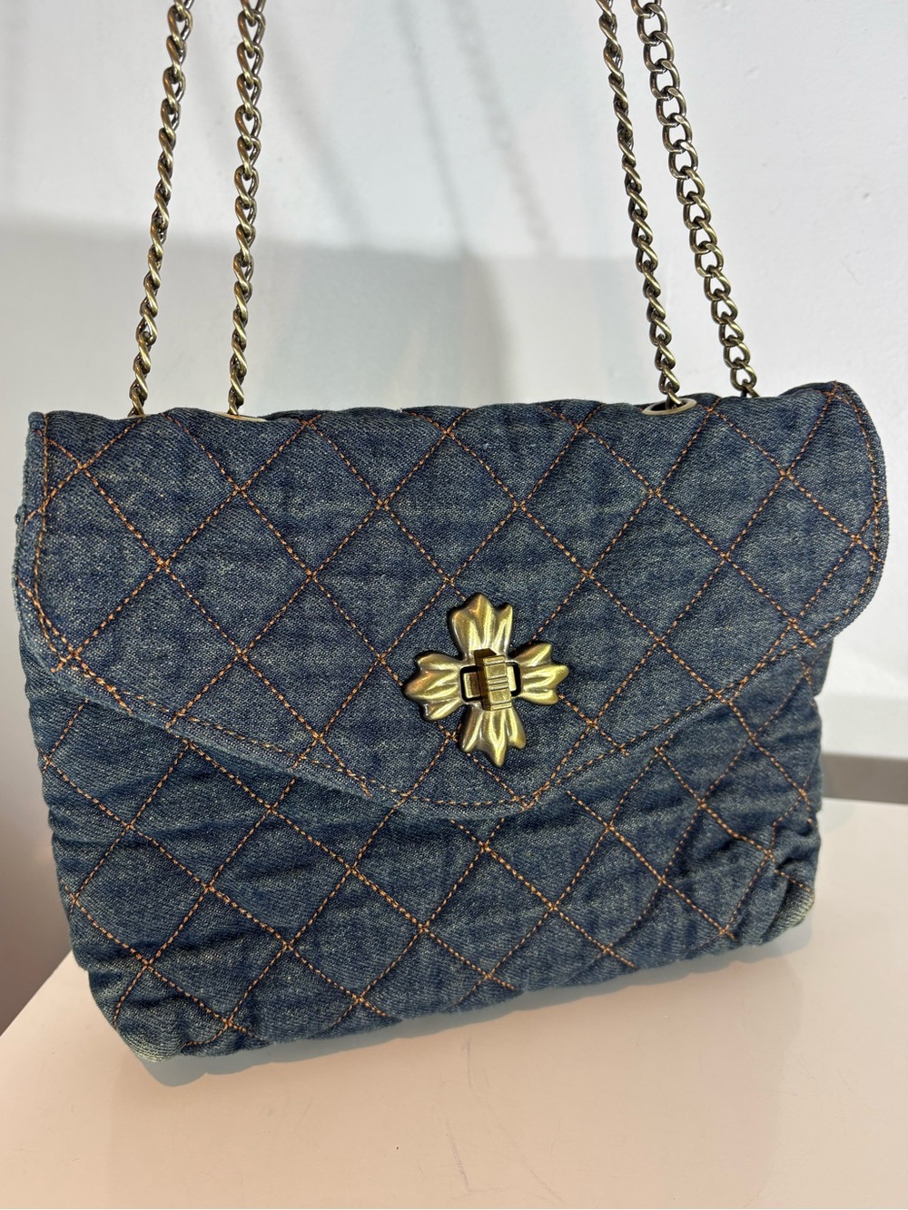 Patricia Nash Denim Quilted Chain Crossbody Shoulder Bag Turn Lock